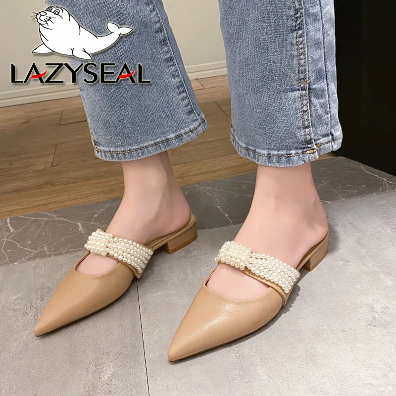 LazySeal Pointed Pear Design Mules Slip On String Bead Elegant Women Slippers 2.5cm Low Heel Women Dress Shoes Flip Flop Chancla