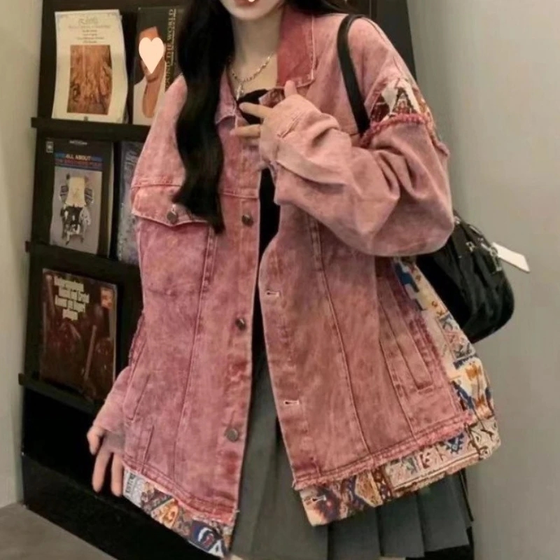 Vintage American Patchwork Denim Sweet Cool Jacket New Spring and Autumn Loose Casual Design Cargo Jacket Couple Top