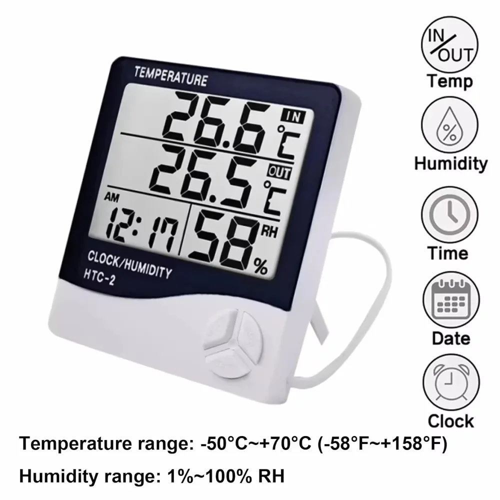 3 in 1 Temperature Sensor Thermometer At Home Hygrometer Clock 3.7 Inch Digital Wire Indoor Moisture Meter Tools Wether Station