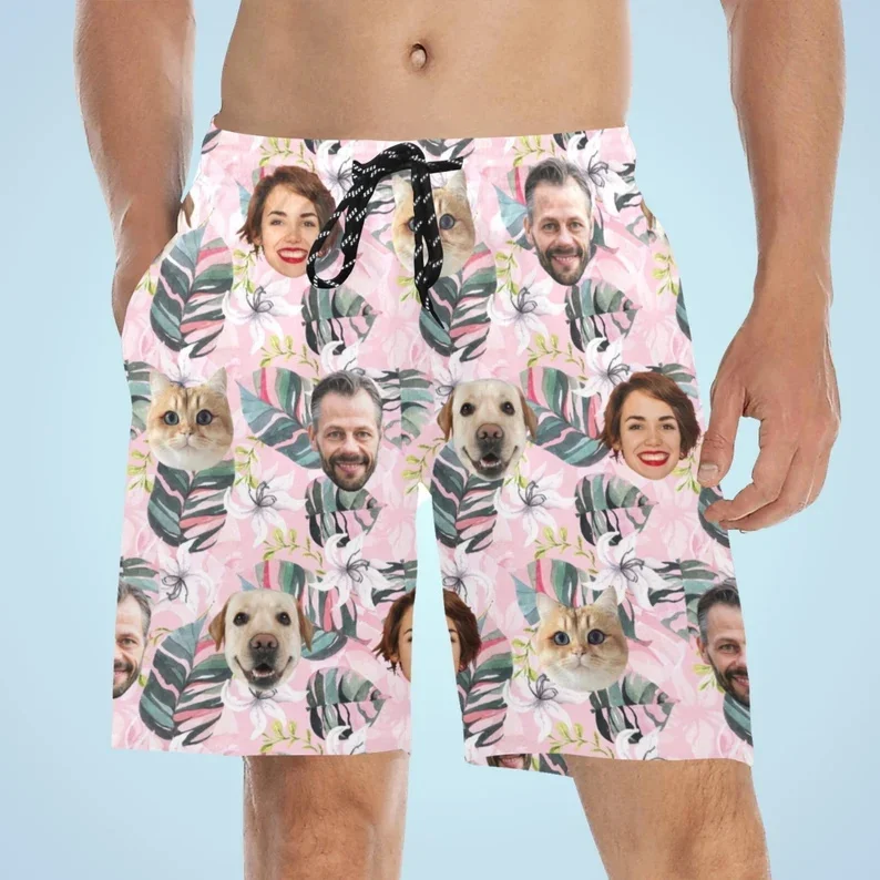 

Funny Custom Face And Pet Beach Shorts Men's Personalized Photo Tropical Palm Leaf Swim Trunks For Unique Gifts & Vacation