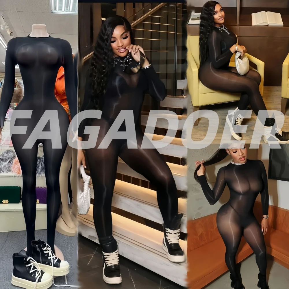 FAGADOER été nouveau Sexy maille voir à travers moulante combinaison femme à manches longues col rond barboteuses femme fête Club salopette