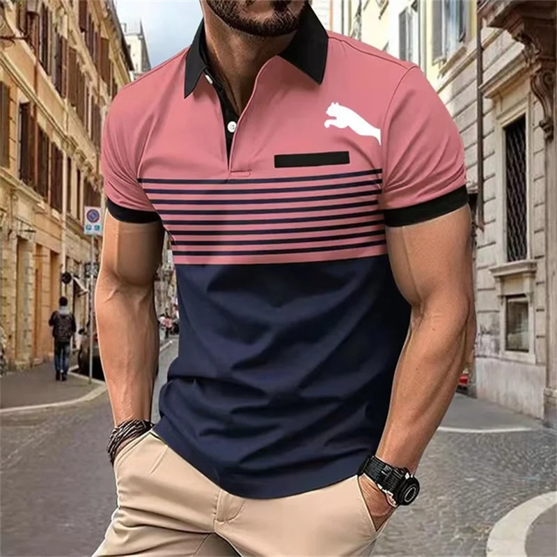 Fashionable Minimalist Striped Printed Men Polo T-shirt Summer Trend Golf Clothing Casual Lapel Short Sleeve Shirt Oversized Top