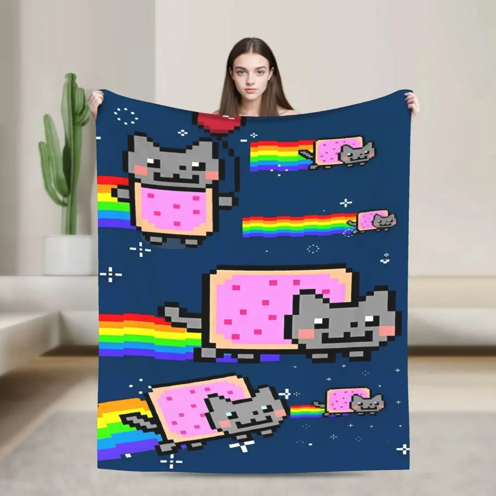 Cat Rainbow Pixel Space Nyans Blankets Flannel Autumn/Winter  Portable Super Soft Throw Blanket for Bed Car Rug Piece