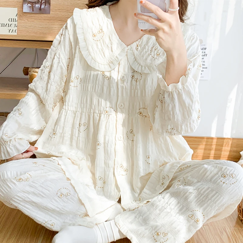 Breathable Thin Cotton Muslin Sleepwear Set for Pregnant Women Summer Home Clothes Sweat Absorbent Nursing Long Sleeve Pajamas