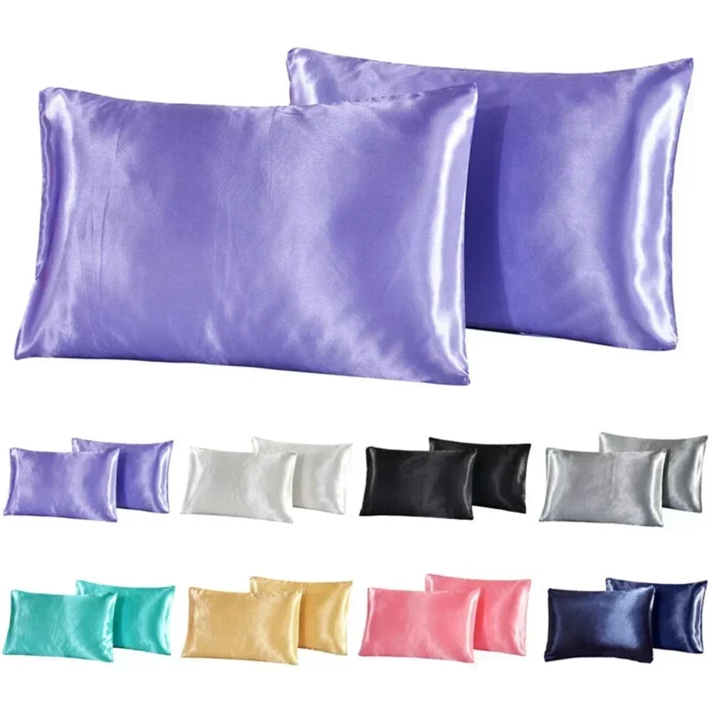Queen Silk Satin Pillow 2Pcs Case Bedding Pillowcase Smooth Home White Black Grey Khaki Sky Blue Pink Sliver
