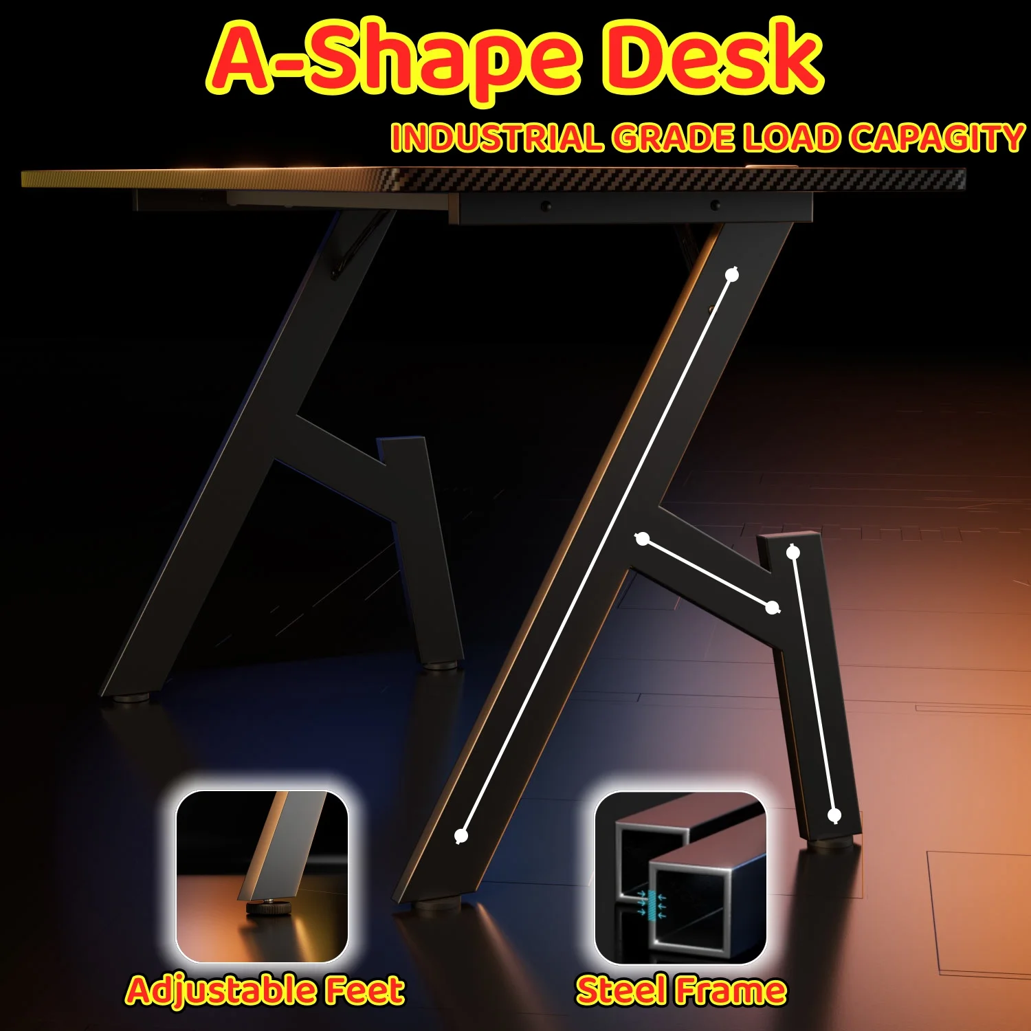 80/100/120/140cm Gaming Desk, A-Shaped Office Desk with Cup Holder Headphone, Modern Carbon Fiber Mesa Gamer for Home Office image 3