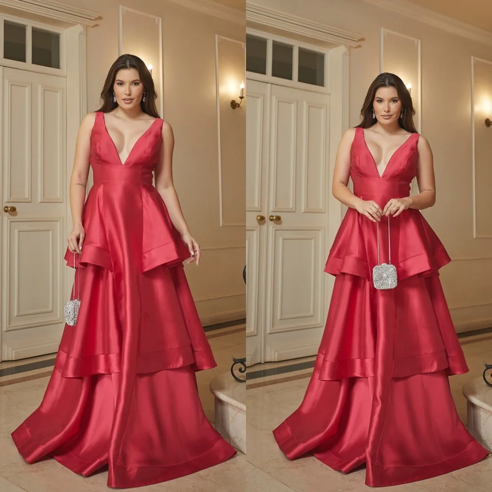 

Customized Simple Red Satin Evening Dress Elegant V-Neck Sleeveless Homecoming Dresses Exquisite Sweep Train Party Gow