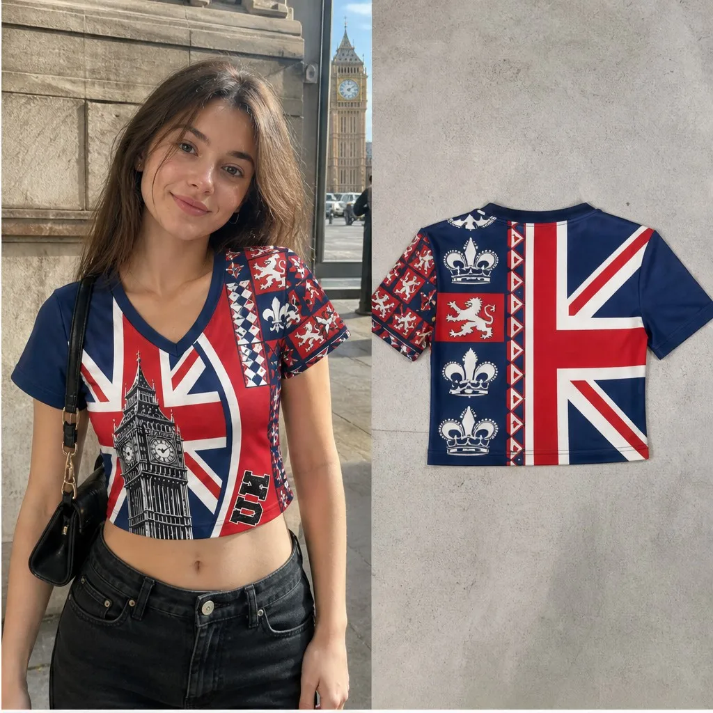 Women United Kingdom V Neck Crop Top Big Ben Union Flag Heraldic Print Short Sleeve Summer Casual Streetwear Fashion Tee A Style