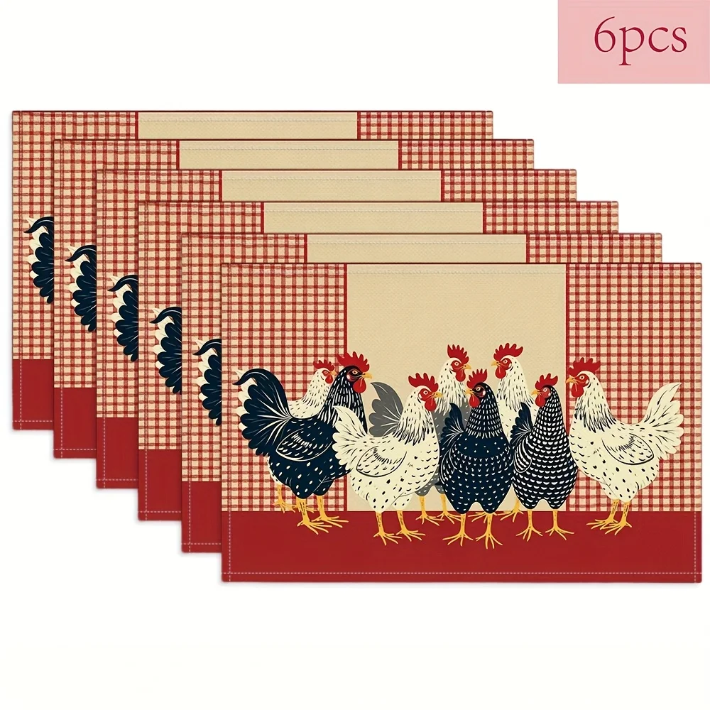 VIKAMA American Country Rooster Meal Mat Red and White Grid Pattern Table Mat Farm Wind Insulated Anti slip Meal Mat