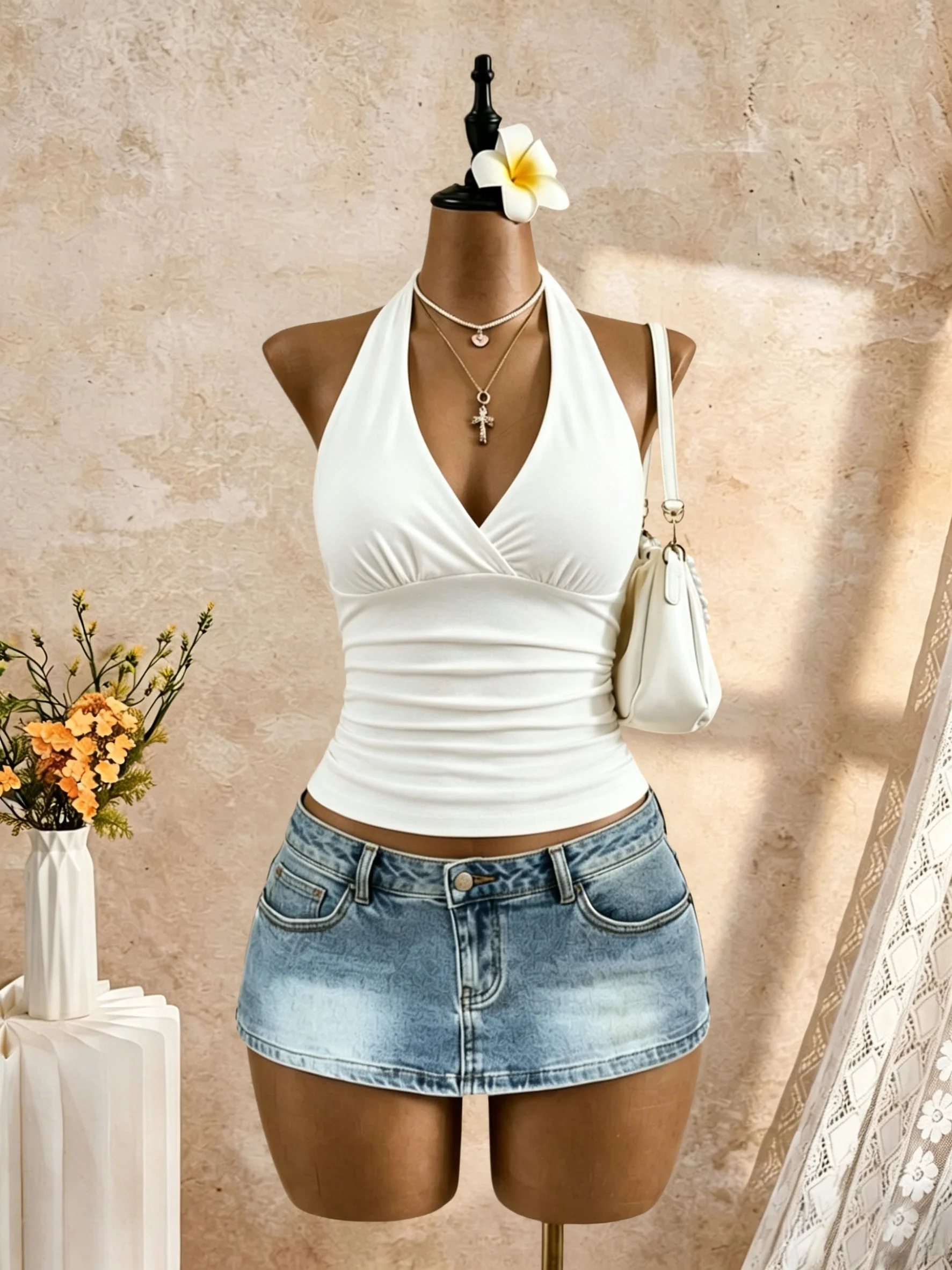 Women Halter Deep V Cross Wrap Side Ruched Slim Crop Camisole 2026 Summer Y2K Solid White Sleeveless Casual Daily Tank Top