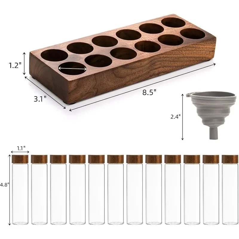 Juego de tarros sellados de vidrio, dispensador de café en polvo de calidad alimentaria con soporte de exhibición de madera de nogal y viales de dosificación de embudo con tapas, 1 Juego