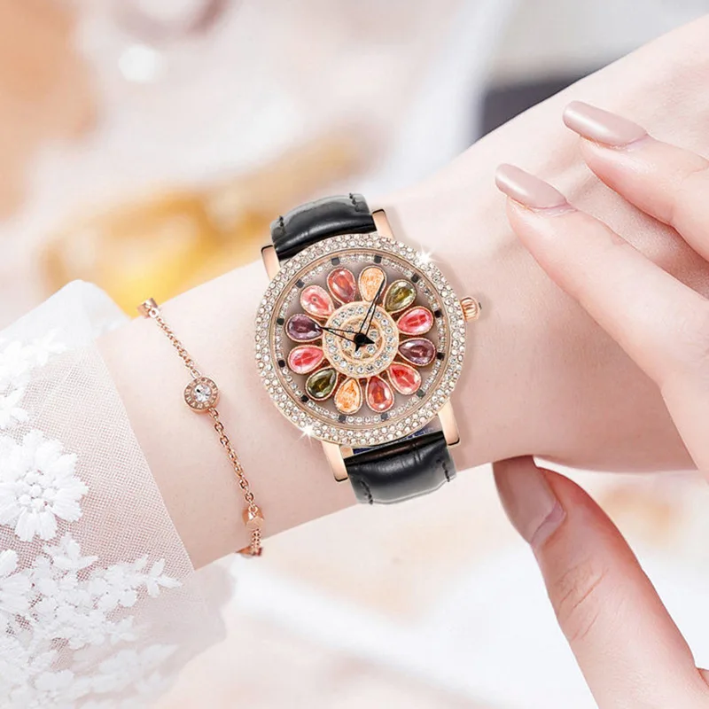 Fashion Rhinestone Women Watches Luxury Rose Gold Rotable Dial Design Casual Quartz Wristwatch for Female Waterproof Top Brand