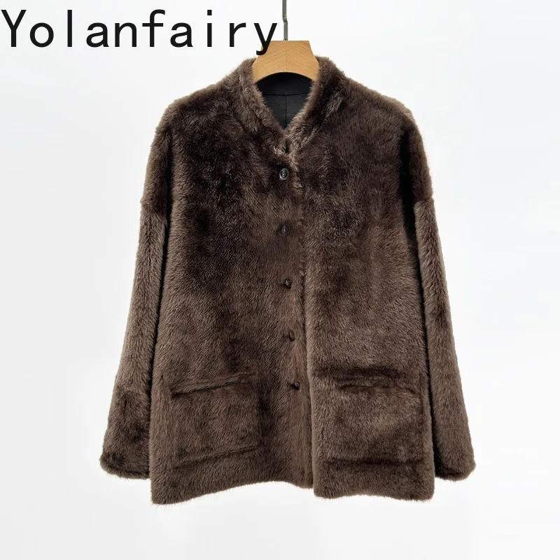 YOLANFAIRY Luxury 100% Real Fur Coat Women Winter High-end Reversible Natural Sheepskin Shearling Jacket Mid-length Fur Coats