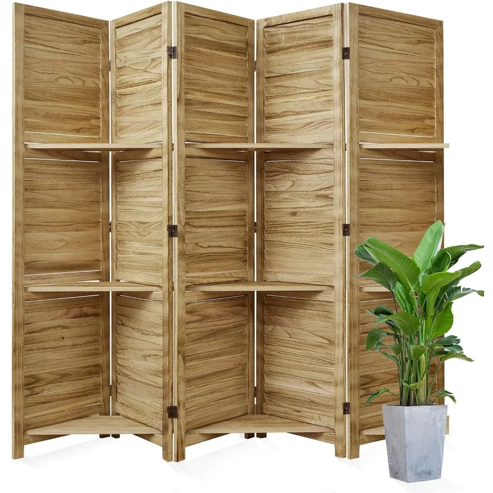 Partition Room Dividers, Folding Wood Privacy Screen with Three Display Shelves Suitable for Home Office, Study, Art Display - 5