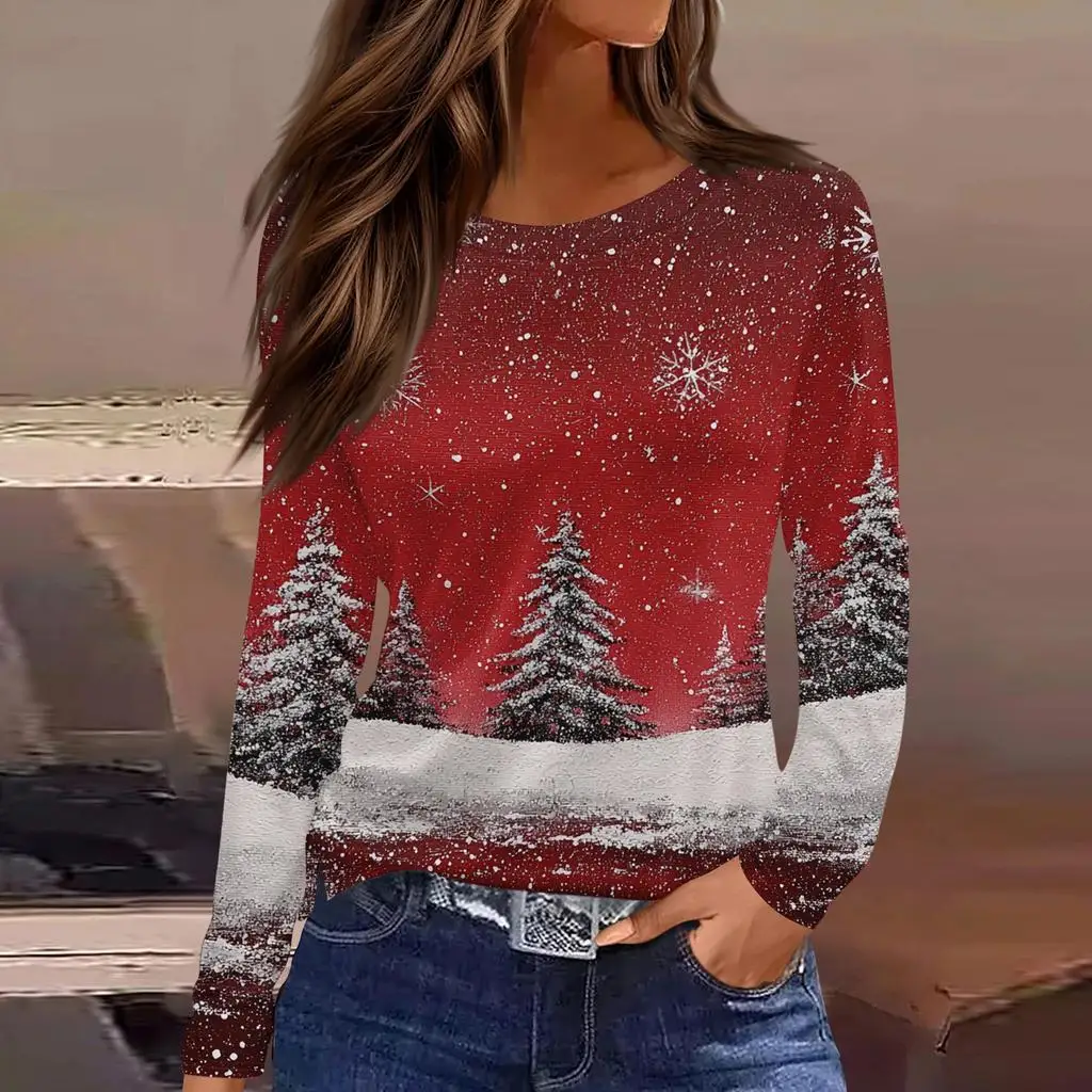 Christmas style women's 3D Christmas tree print pullover round neck long-sleeved T-shirt festive color casual loose autumn top