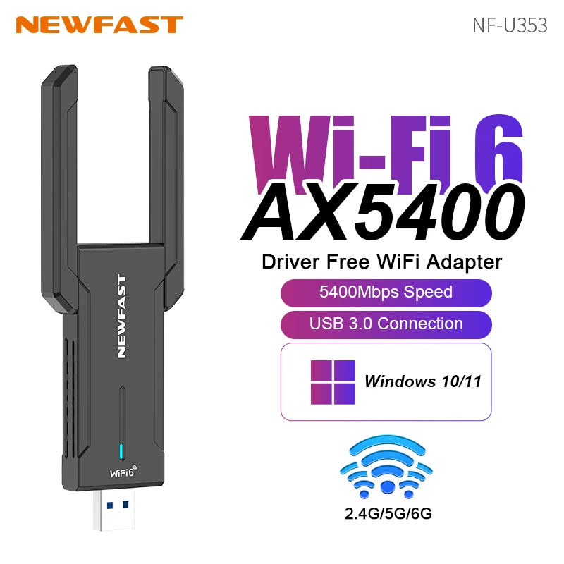 

NEWFAST AX5400 WiFi 6 USB Adapter Dongle Tri-Band 2.4G/5G/6GHz USB3.0 Network Card WiFi Antenna For Laptop Win10/11 Driver Free