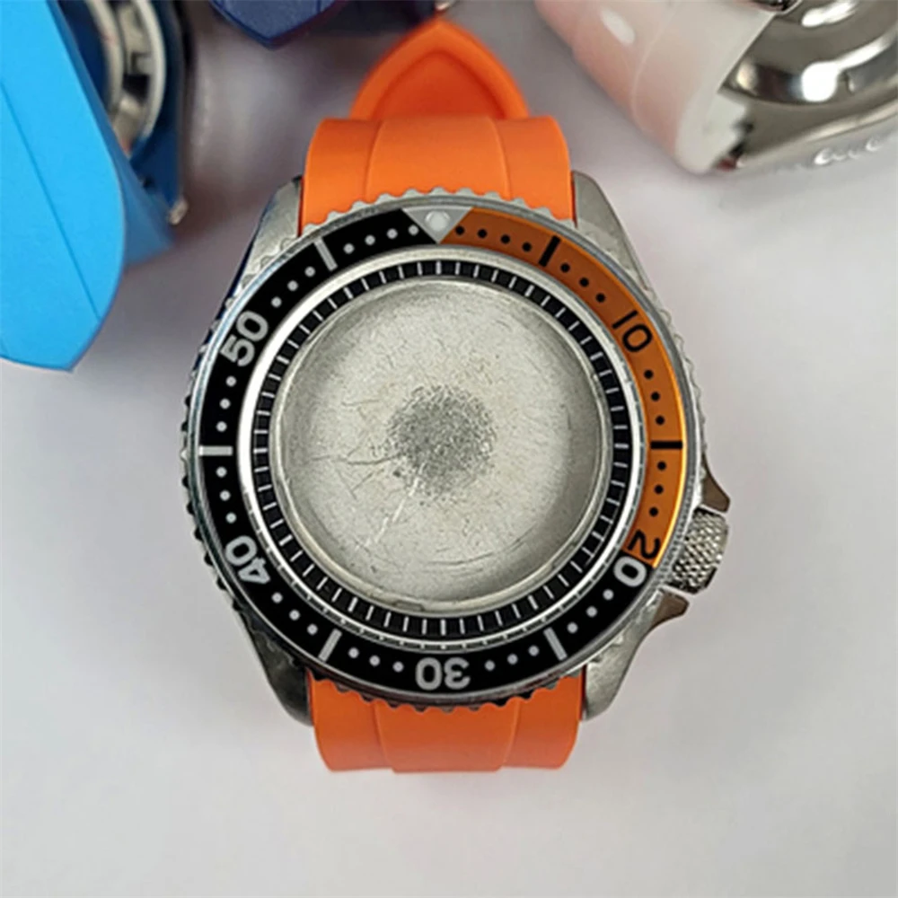 41.5MM Diving Watch Case + Orange Silicone Strap Kits Dual Color SUB Bezel  Mineral Glass for NH35/ NH36/ 4R Movement