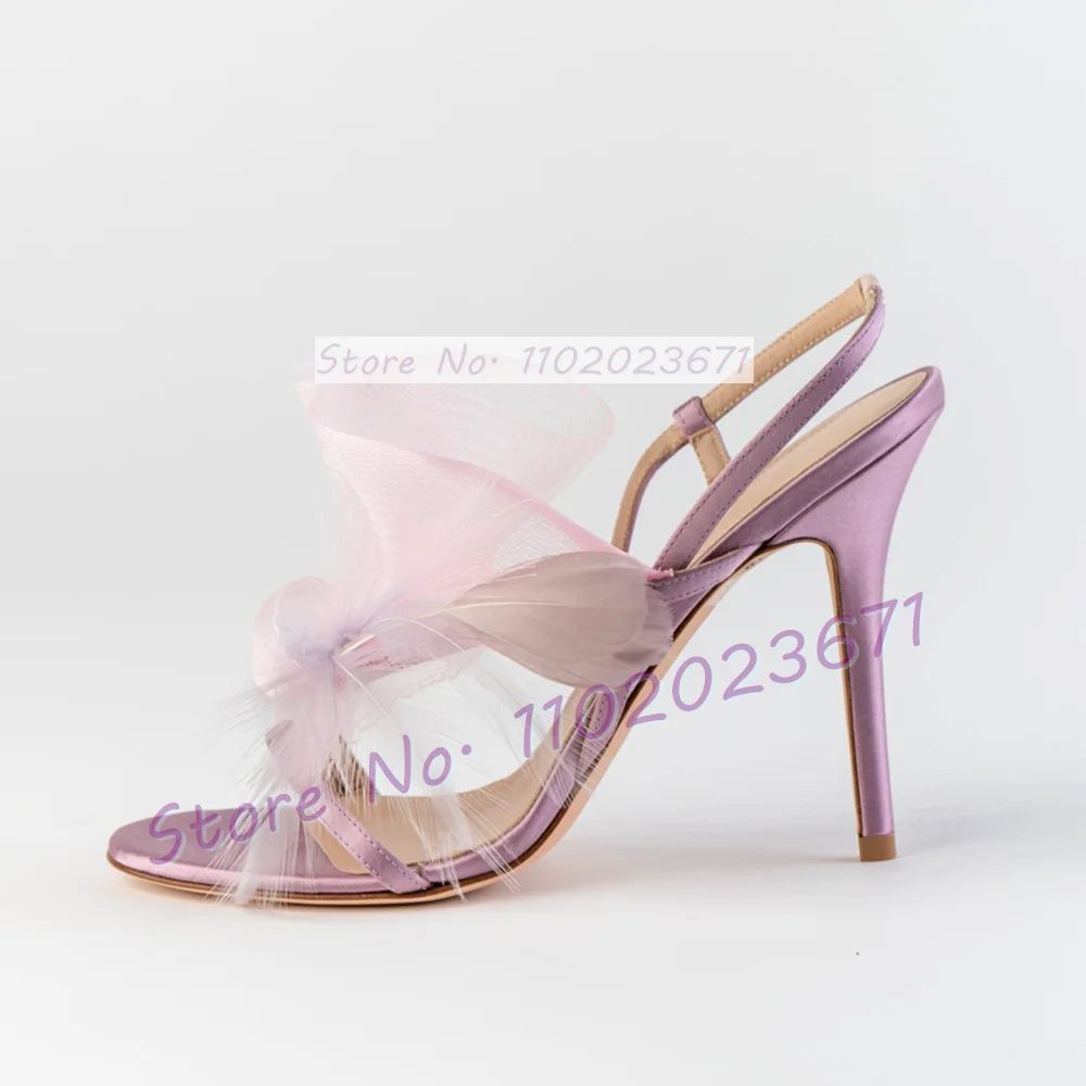 Lilac Satin Netting Feather Stiletto Sandals Female Stylish Elegant Party Wedding Satin Shoes Thin High Heels Open Toe Sandals