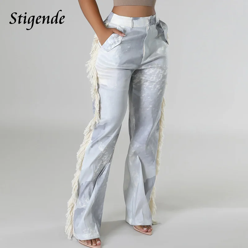 Stigende Women Patchwork Tassel Straight Pants Print Pocket Wide Leg Pants