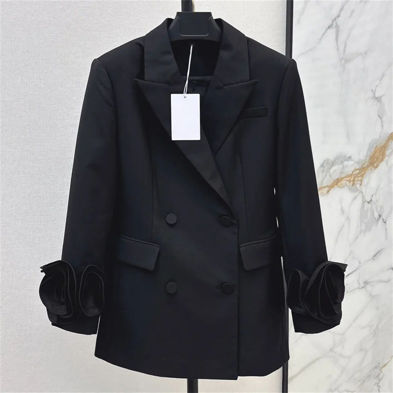 Women\'s jacket 2024 autumn New outerwears 3D flower decoration Women\'s coat Cotton long sleeved Top Double breasted slim blazer
