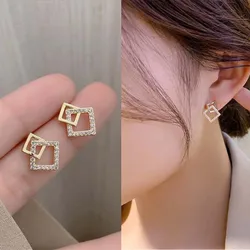 Korean Geometric Double Layers Rhombus Earrings for Women Gold Color Crystal Temperament Earring 2024 Fashion Jewelry Gift