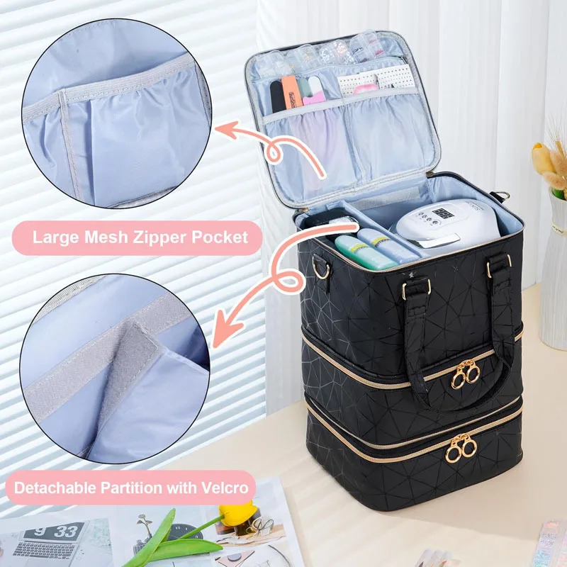 3 Layer Nail Polish Organizer Bag Holds 60 Bottles PU Waterproof Portable Manicure Storage Case Detachable Makeup Organizer Bag