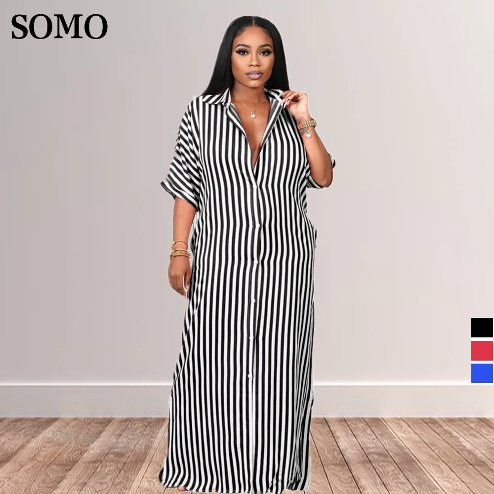 

Summer Plus Size Dress 3xl Fashion Turn Down Collar Temperament Loose Striped Shirt Long Dresses Women Wholesale Dropshipping