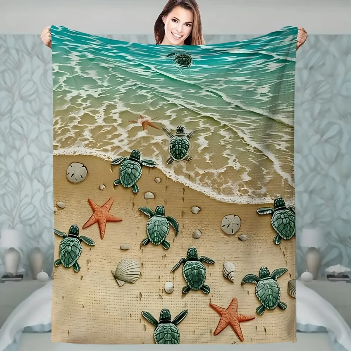 Contemporary Flannel Ocean Beach Digital Print Throw Blanket, Soft Comfortable, All-Season,Ideal Gift for Family and Friends