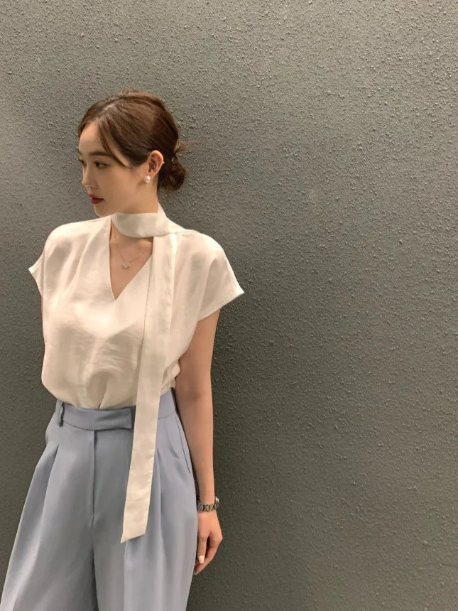 

Летняя женская блузка с v-образным вырезом и поясом ort Sve irt Design Ele Top Chic Conal Blouse Commute Sle Slim Fit