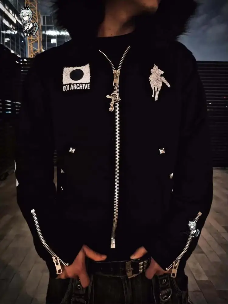 Japanese Harajuku Streetwear European Youth Rivet Fashion Wool Pullover Men's Urban Casual Hooded Hip-Hop Printed Y2K Sweatshirt view 6