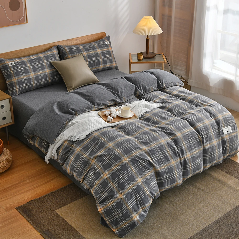 100% Cotton Bedding Quilt Cover Set with Pillowcase Japan Style Grid  housse de couette 220x240 Duvet Cover set King Size