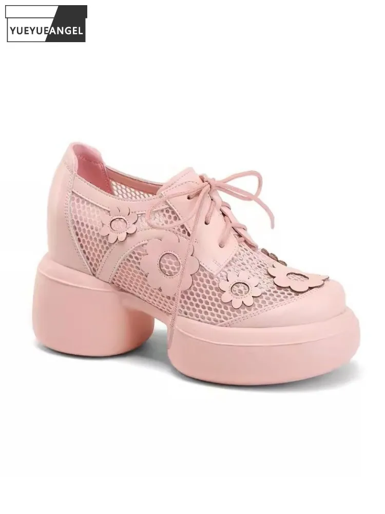 

Сандалии женские из натуральной кожи, сетчатые босоножки карамельных цветов на толстой подошве, повседневные туфли на высоком каблуке, летняя обувь