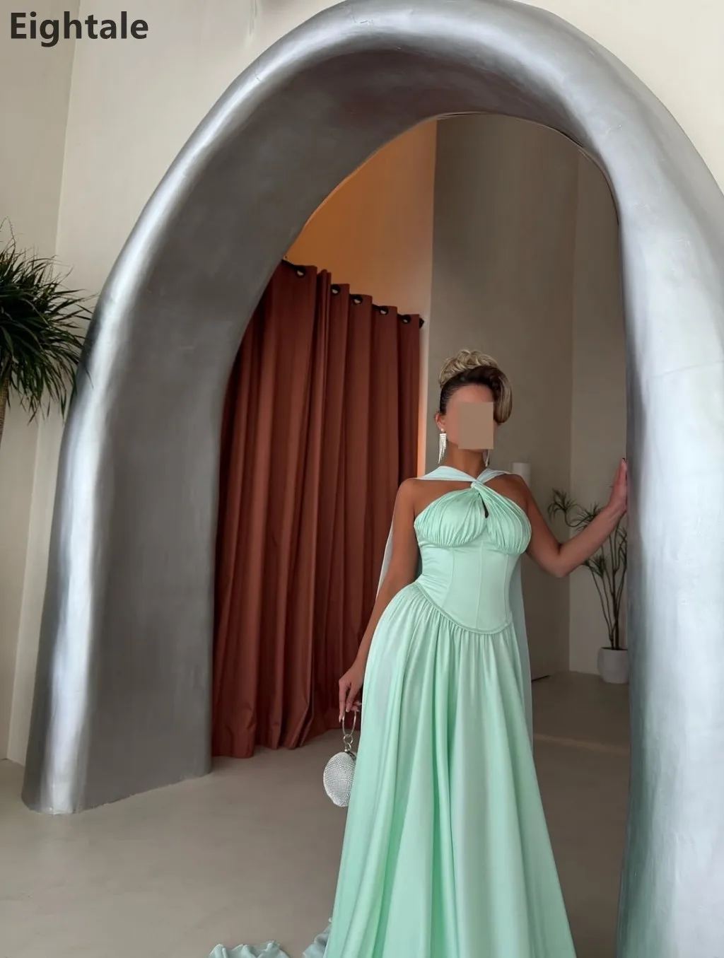 فستان سهرة طويل من Eightale 2025 باللون الأخضر النعناعي على شكل حرف A مع لف فستان حفلة موسيقية عربي سعودي فستان حفلة دبي مخصص