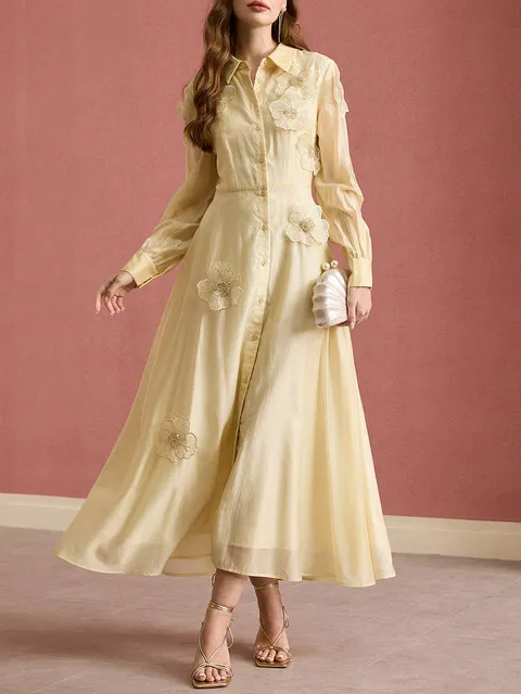 

Vintage Patchwork Appliques Dress For Women Lapel Collar Long Sleeve Yellow Elegant Dresses Female Fashion Style