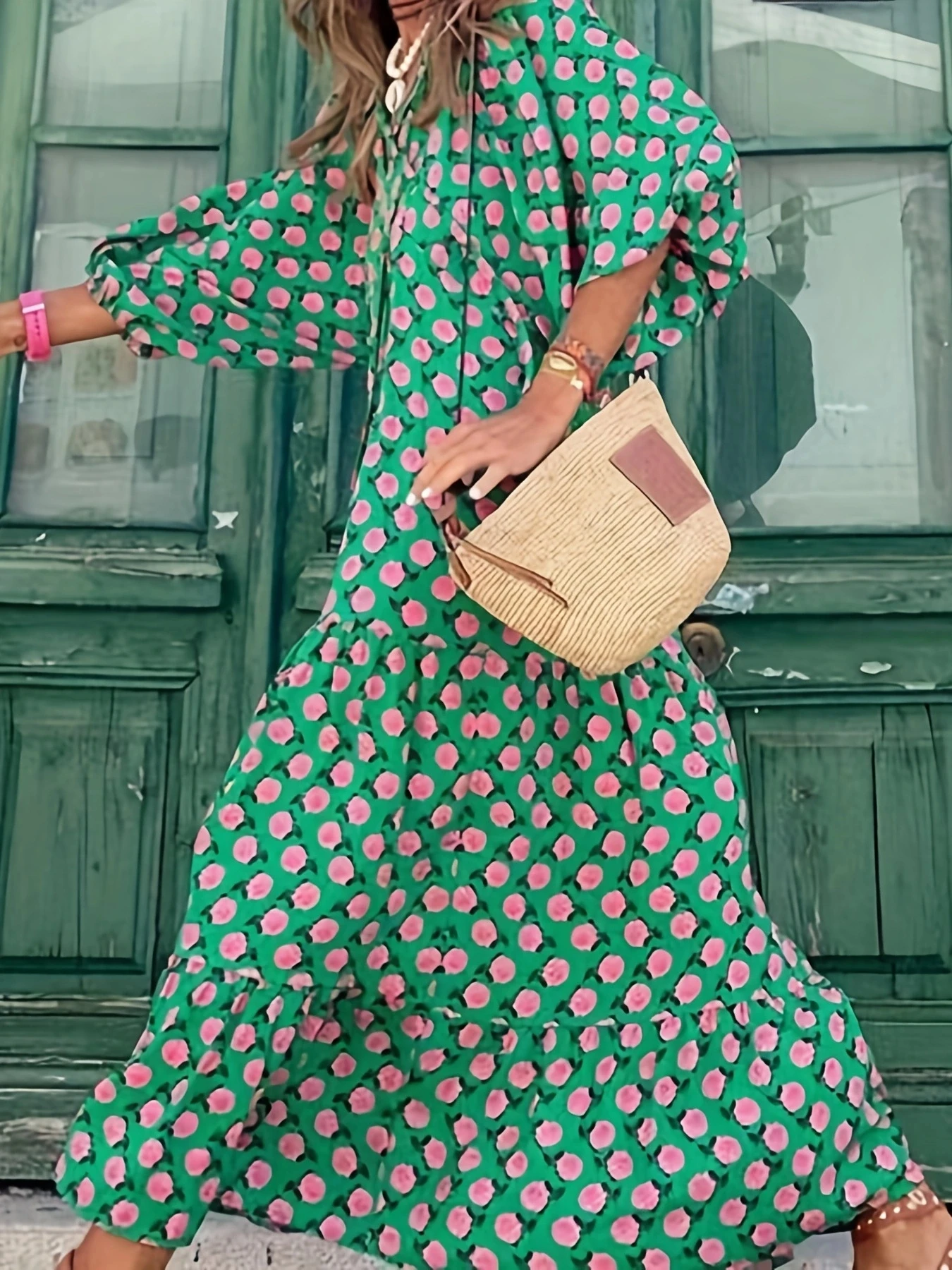 Vestido longo com manga puff para as mulheres, estilo boho, v pescoço, solto, casual, para férias, praia, festa, verão