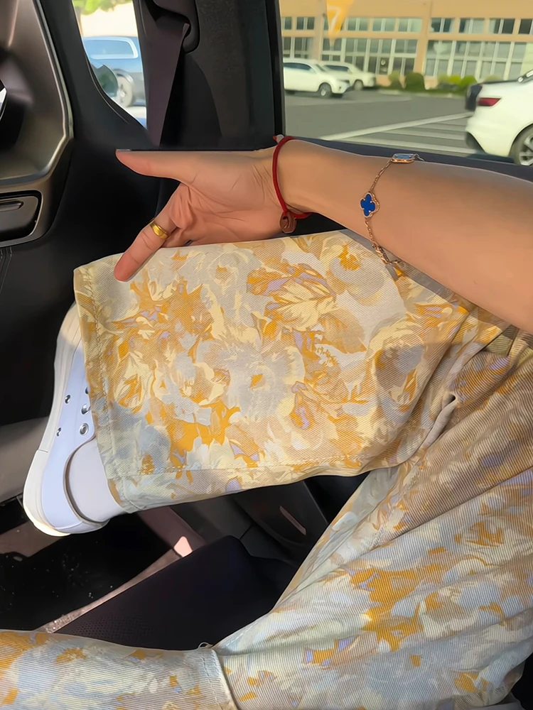 Vintage American Sle High Waist Straight Leg Jeans Men's Summer Floral Print Curved Knife  Slimming Flared Denim Pants