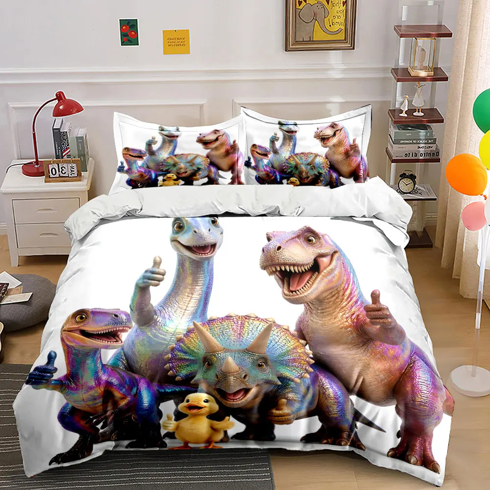 Colorful dinosaurs and duck group photo Printed Duvet Cover Set 1 Duvet Cover+2 Pillowcase Multi Size Bedroom Bedding Decor