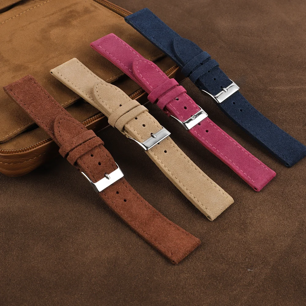 Genuine Suede Leather Watch Strap 18mm 20mm 22mm Brown Blue Black Watchband Stainless Steel Buckle Men Women Watch Accessories