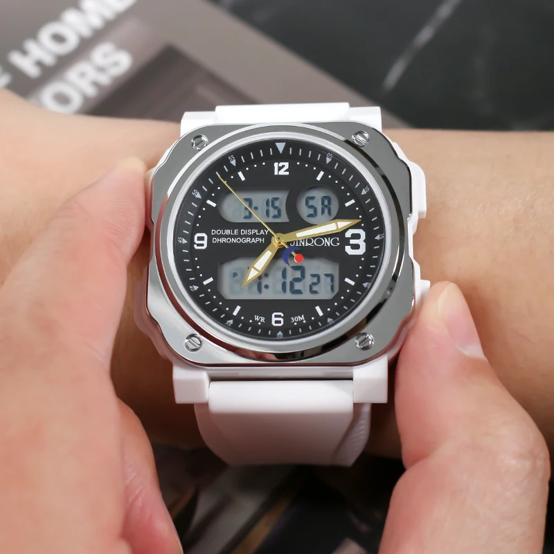 JINRONG ثلاثة مؤشرات متزامنة ساعة رقمية رياضية للرجال مقاوم للماء العد التنازلي الإلكتروني ساعات المعصم للرجال