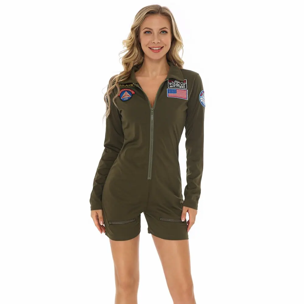 Movie Top Gun American Airforce Uniform Military Pilot Costume Lady Sexy Flight Jumpsuit Suits Adult Carnival Party Outfits