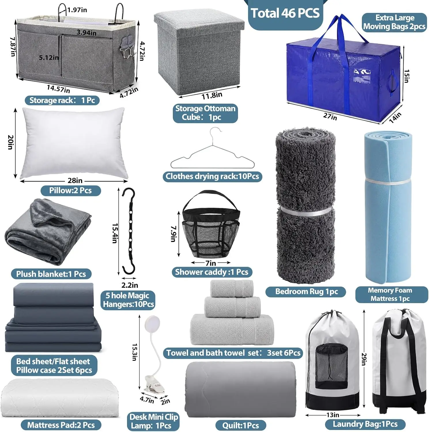 46 Pcs Gray College Dorm Essentials Pack Twin XL Bedding Bundle Memory Foam Mattress Bedding Bathroom and Storage Supplies Total