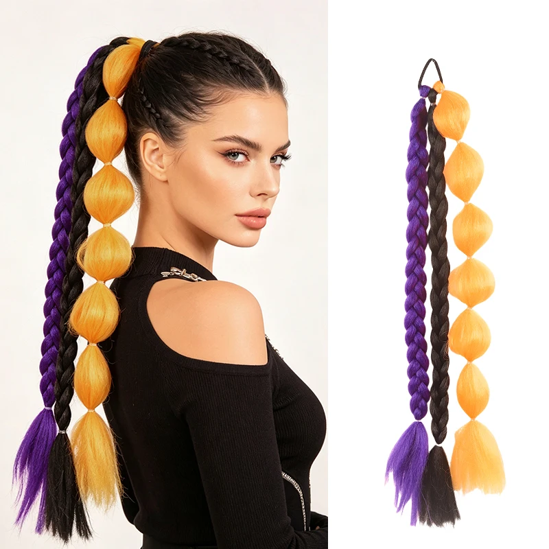 3 Tone Bubble Braided Ponytail Synthetic Hair Wig Halloween Costume Hair Extension Purple Orange Black Party Cosplay