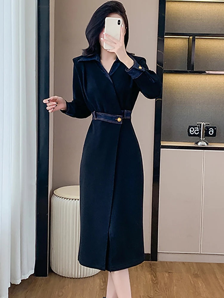 Spring Autumn Black Single Breasted Trench Women Korean Vintage Elegant Long Dress 2025 New Fashion Bodycon Party Evening Dress