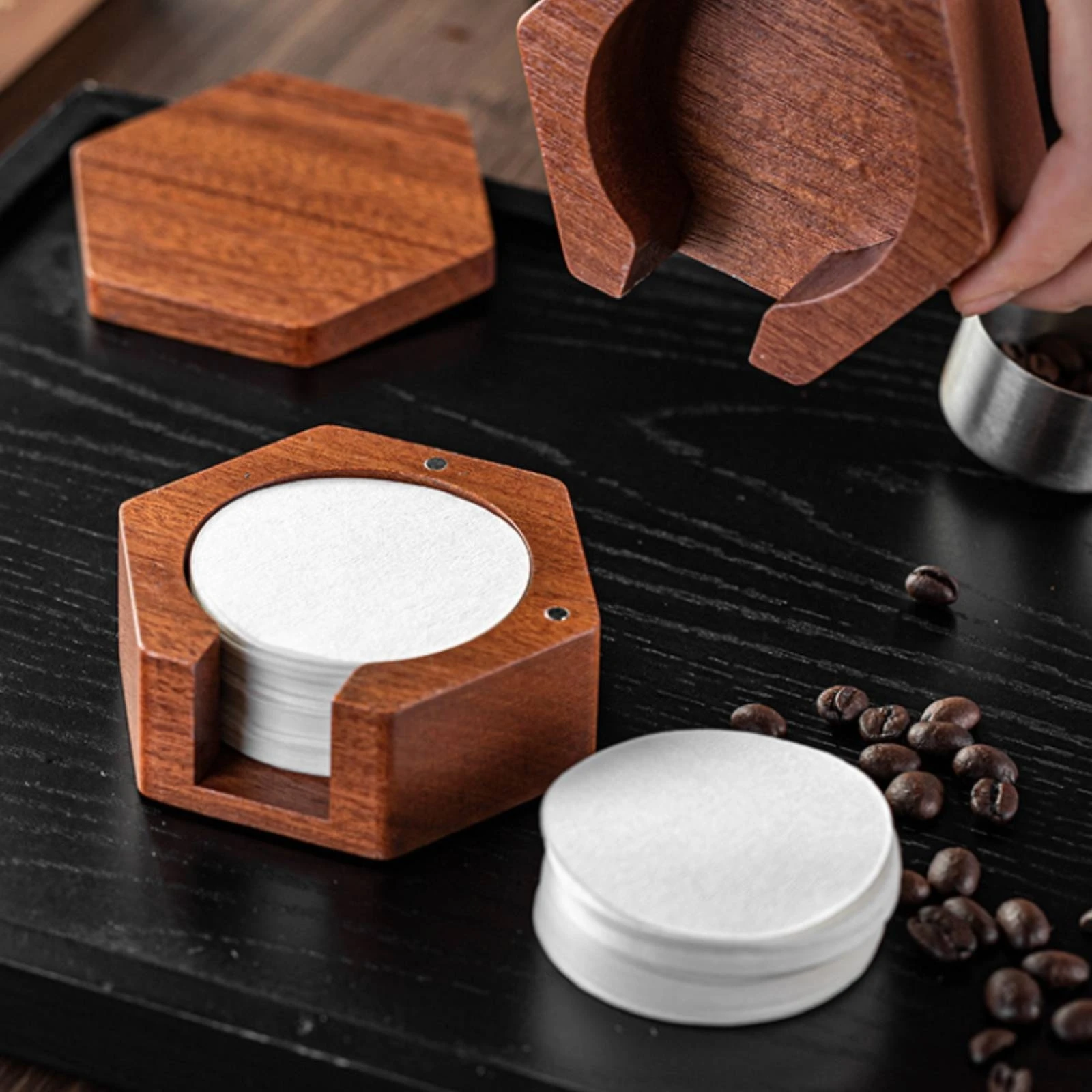 Coffee Filter Holder with Cutout Hexagonal Coffee Filter Holder Organizer Wooden Compact for Baristas, Kitchen Counter