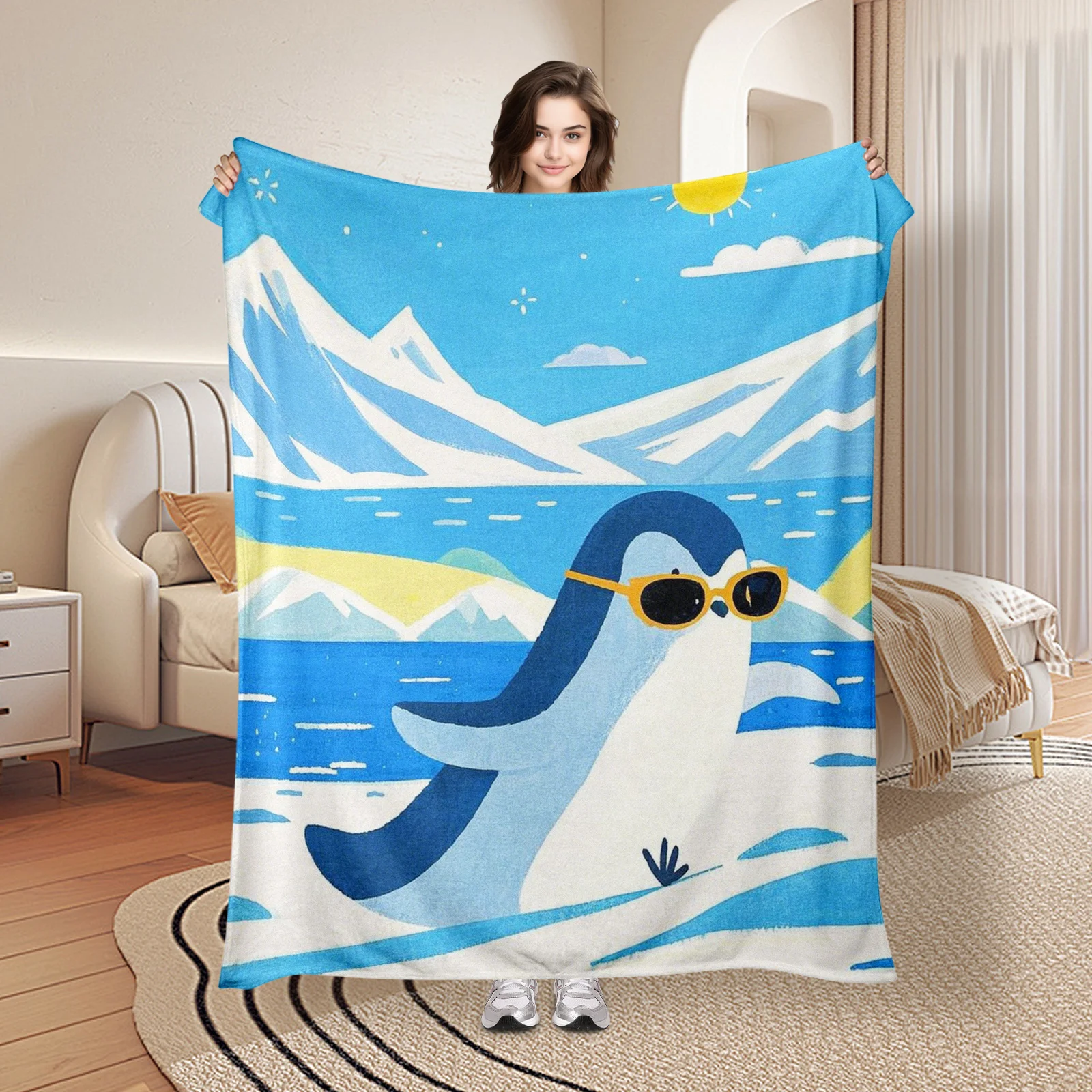 

Adorable Penguin Snow Mountain Sun Glasses Pattern Blanket For Winter Warmth And Unique Home Styling