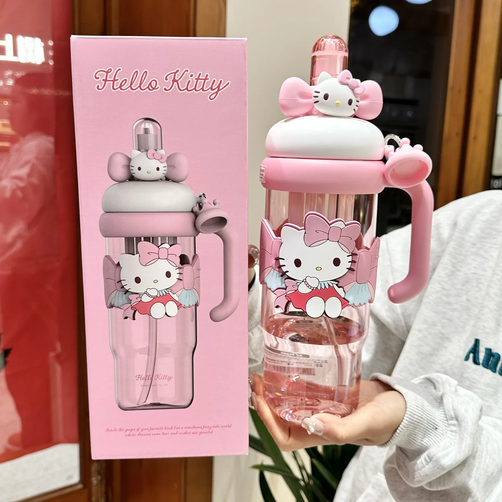 

Kawaii Sanrio Kuromi Water Bottle Cartoon Anime HelloKitty Tritan Drinking Cup Handle Ring Outdoor Sport Travel Straw Tumbler