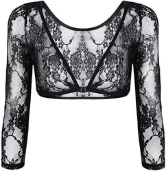 S~3XL Women's Lace Floral Sleevey See Through Under Blouse Shrug Crop Top Three-Quarter Sleeve Black/White