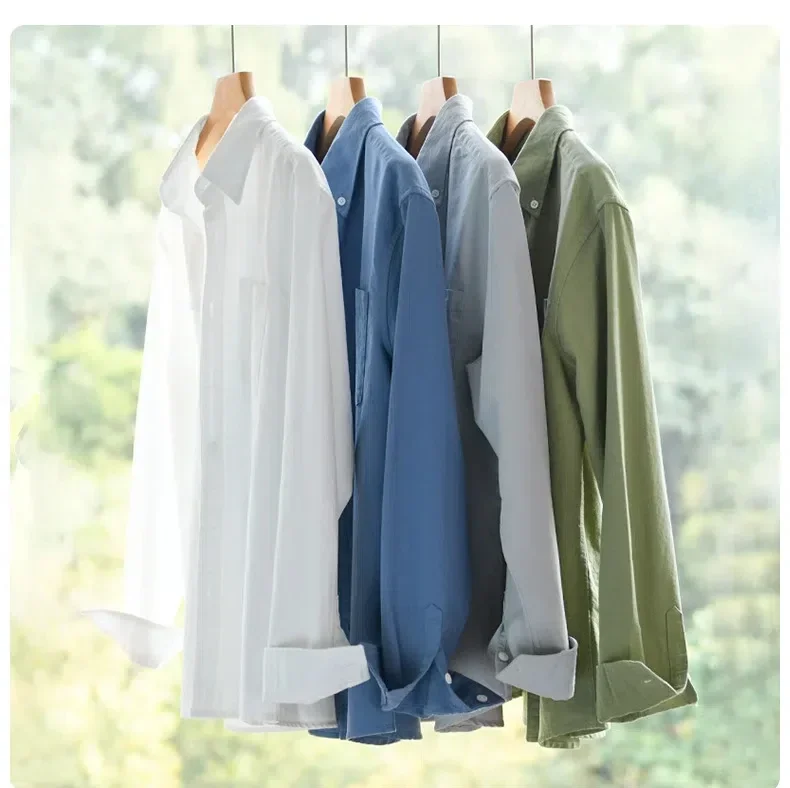 

Spring Summer Green Shirt Men Long Sleeve Business Man Shirts Lapel Pocket Pure Cotton Casual Shirts Simple Daily Comfort Tops
