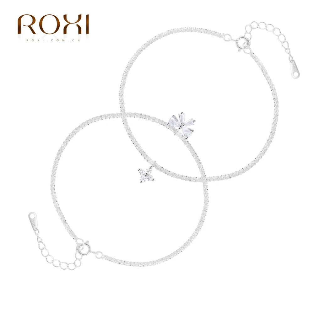 ROXI 925 Sterling Silver Bohemia Silver Color Flower/Bowknot Drop Crystal Bracelet For Women 20cm Bangle Pulseras Jewelry Gifts