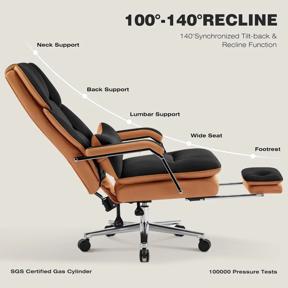 Krzesło biurowe skórzane, rozkładane, o dużej wydajności, udźwig 227 kg (500 lbs), dla osób wysokich i o dużym wzroście, z podnóżkiem i szerokim siedziskiem zapewniającym komfortowe siedzenie przy biurku.